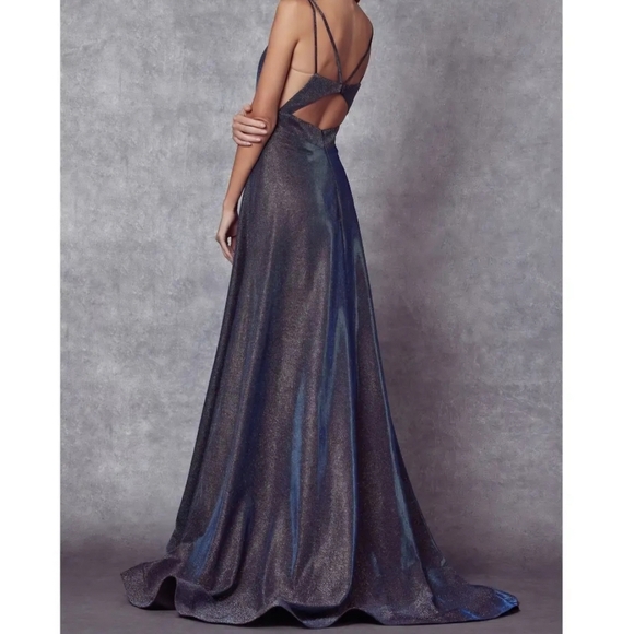 Navy Blue Matallic Shimmer V neck Evening Formal Prom Dress XS - Picture 3 of 5